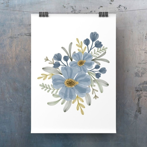 Modern minimalist boho watercolor blue floral wall art print for home decor - Picture 3 of 4